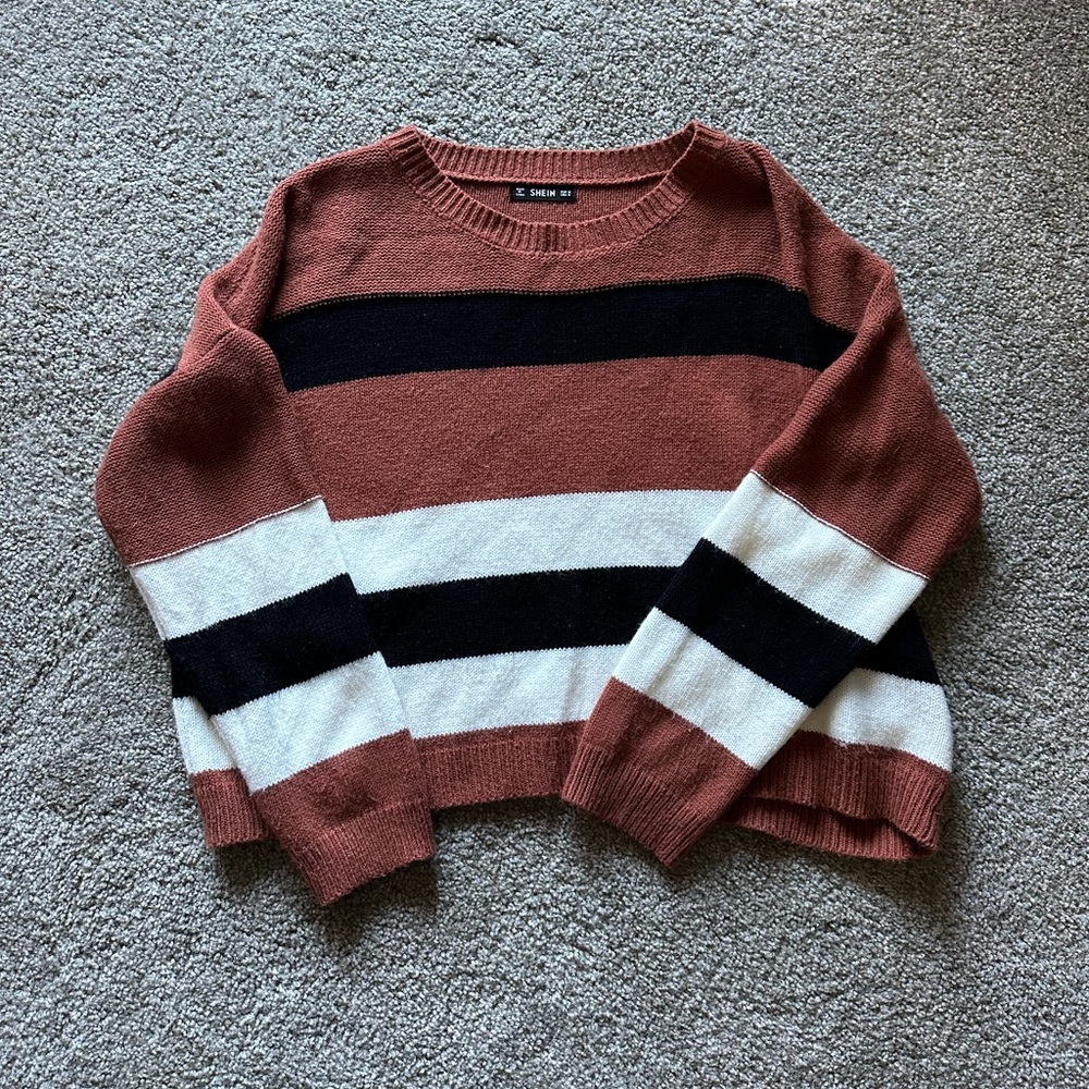Brown, White and Black Striped SHEIN sweater, Size Small
